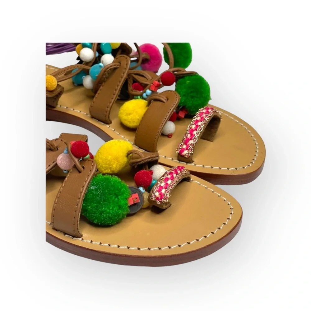 VHTF: new Mystique x Anthro 𖦹 Tokyo Pom Pom Ankle Wrap Toe Loop Leather Sandal - Picture 11 of 16